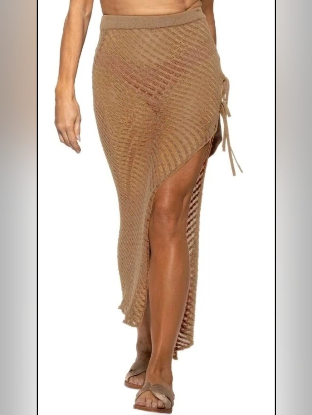 Dotti Taupe Metallic Crocheted Swimsuit Side Tie Maxi Cover-Up